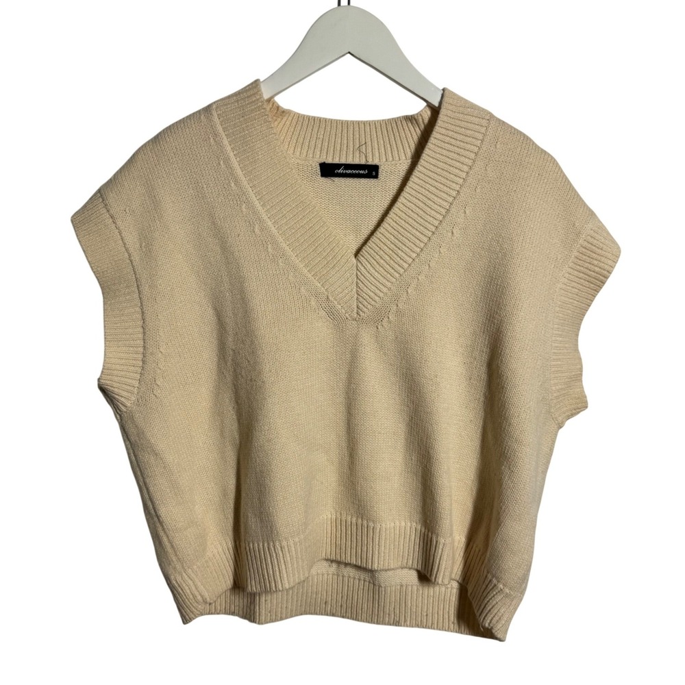 Olivaceous Cream V-Neck Sweater Small Vest Beige Knit Sleeveless Academia Preppy